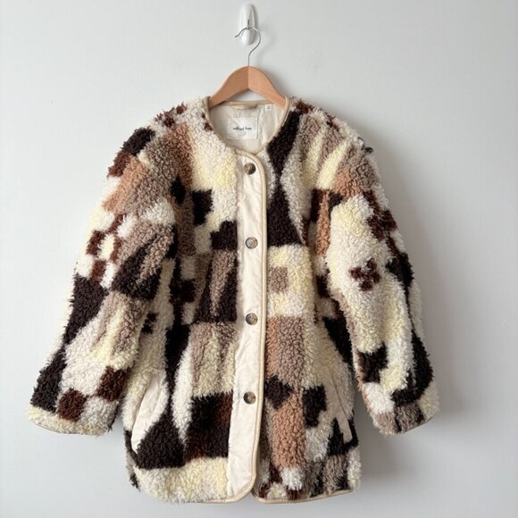 Aritzia Wilfred Free River Faux Sherpa Teddy Jacket Geometric Brown Cream XS - Picture 6 of 10